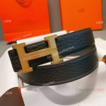 AAA Copy Hermes Black Pebble Leather Strap Reversible Belt with Diamond Buckle